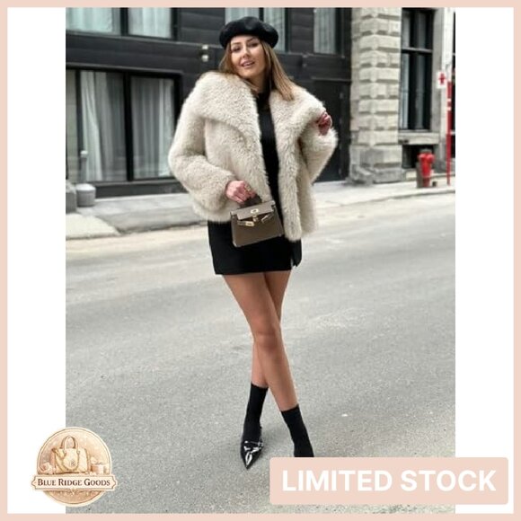 Faux Fur Coat Lapel Open Front Fluffy Shaggy Jacket Winter Warm Overcoat - Picture 6 of 8